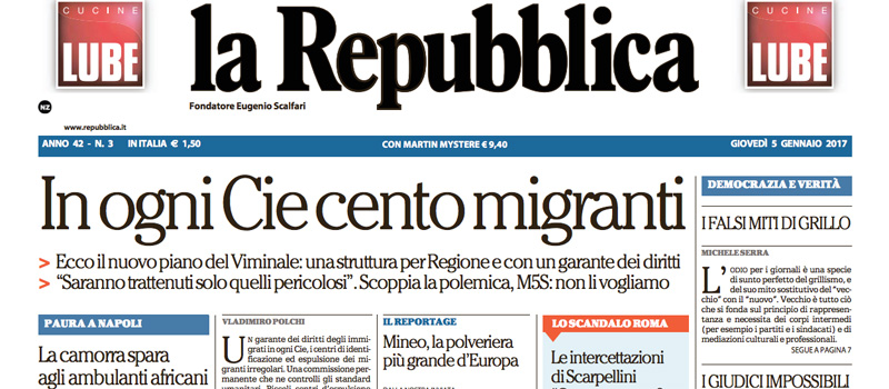 Le prime pagine dei giornali giovedì 5 gennaio 2017