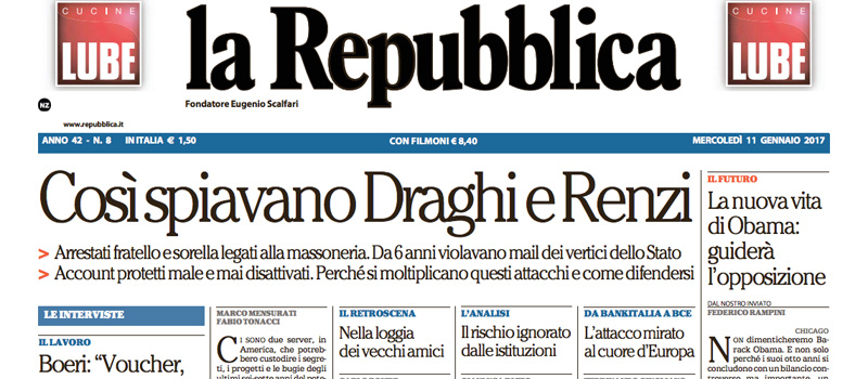 Le prime pagine dei giornali mercoledì 11 gennaio 2017