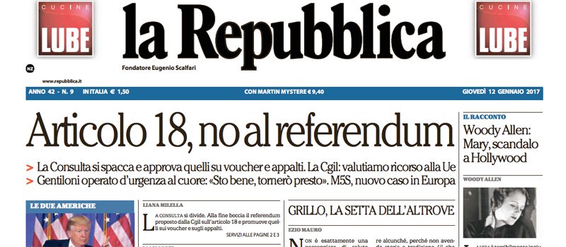 Le prime pagine dei giornali giovedì 12 gennaio 2017