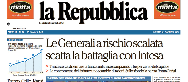 Le prime pagine dei giornali martedì 24 gennaio 2017