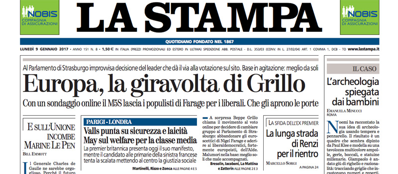 Le prime pagine dei giornali lunedì 9 gennaio 2017