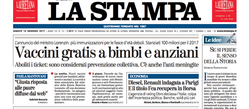 Le prime pagine dei giornali sabato 14 gennaio 2017