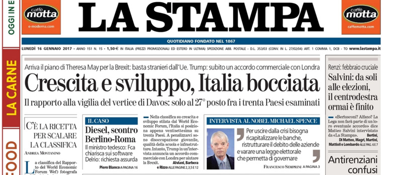 Le prime pagine dei giornali lunedì 16 gennaio 2017