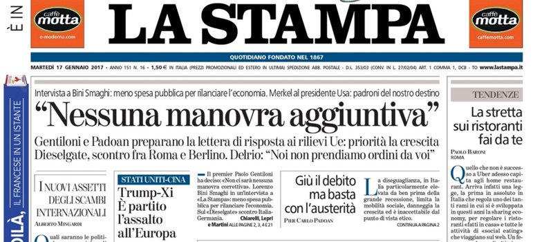 Le prime pagine dei giornali martedì 17 gennaio 2017