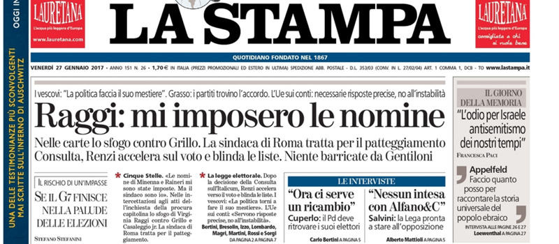 Le prime pagine dei giornali venerdì 27 gennaio 2017