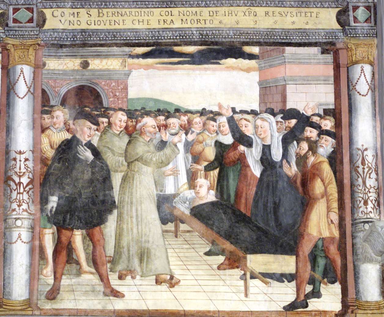 Baschenis C. il Vecchio (1564), San Bernardino risuscita un giovane-Chiesa di San Bernardino