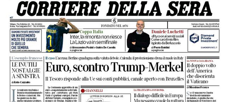 Le prime pagine dei giornali mercoledì 1 febbraio 2017