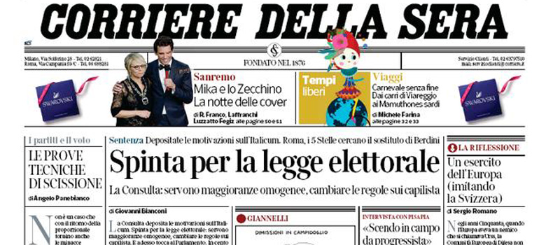 Le prime pagine dei giornali venerdì 10 febbraio 2017