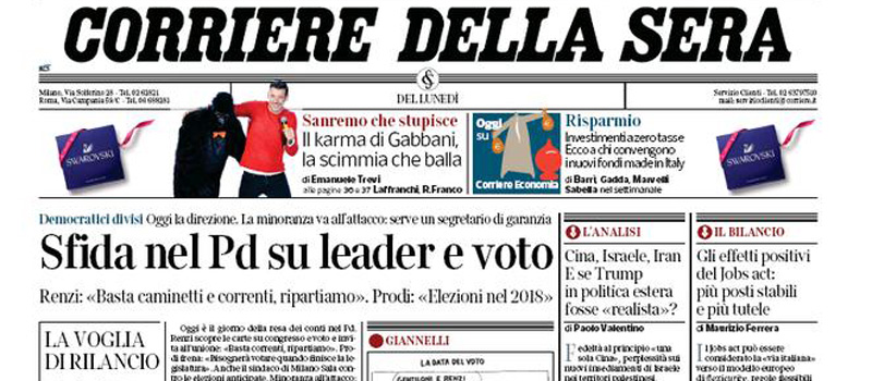 Le prime pagine dei giornali lunedì 13 febbraio 2017