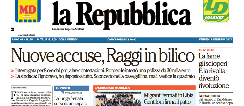 Le prime pagine dei giornali venerdì 3 febbraio 2017