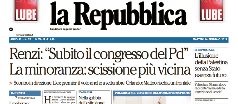 Le prime pagine dei giornali martedì 14 febbraio 2017