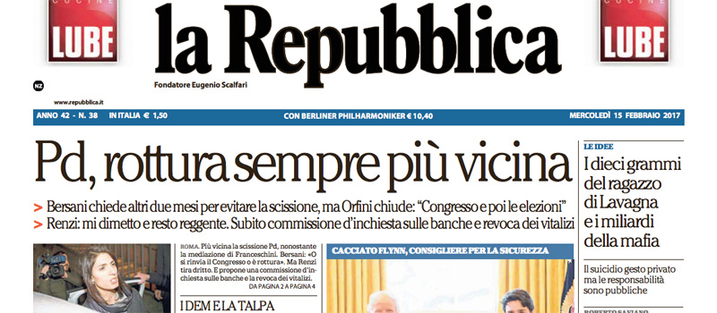 Le prime pagine dei giornali mercoledì 15 febbraio 2017