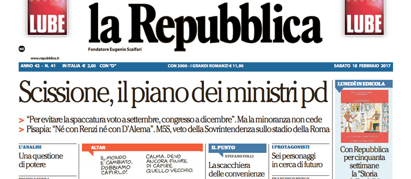 Le prime pagine dei giornali Sabato 18 febbraio 2017