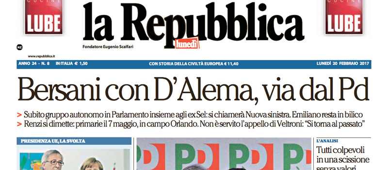 Le prime pagine dei giornali lunedì 20 febbraio 2017