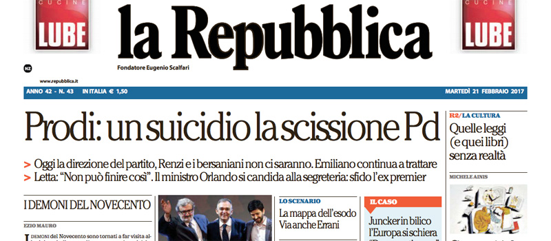 Le prime pagine dei giornali martedì 21 febbraio 2017