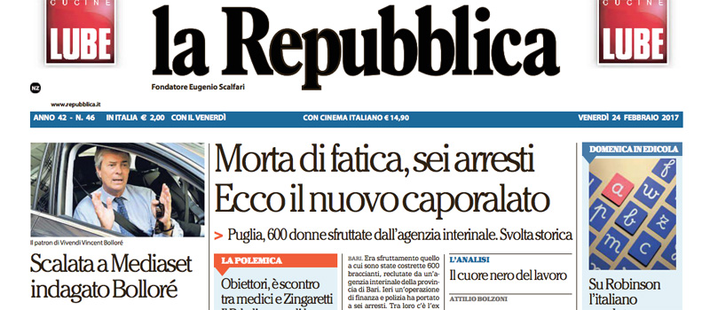 Le prime pagine dei giornali venerdì 24 febbraio 2017