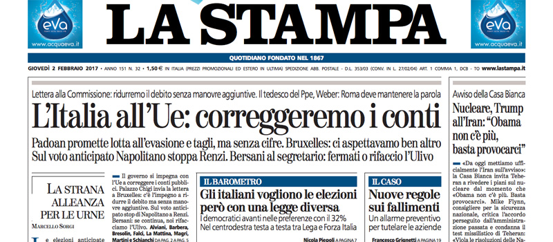 Le prime pagine dei giornali giovedì 2 febbraio 2017