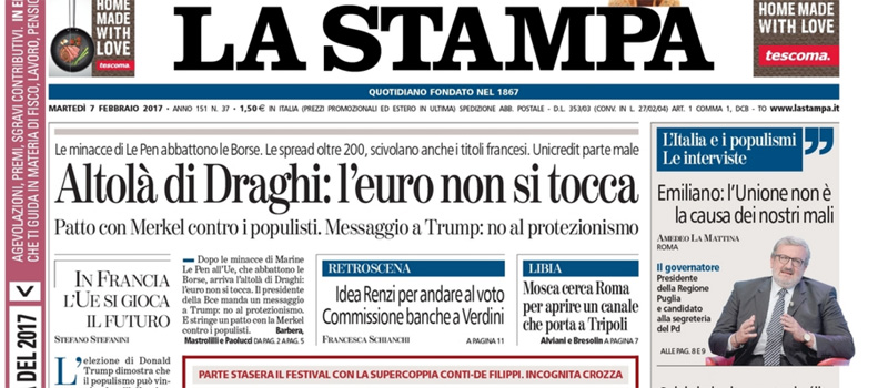 Le prime pagine dei giornali martedì 7 febbraio 2017