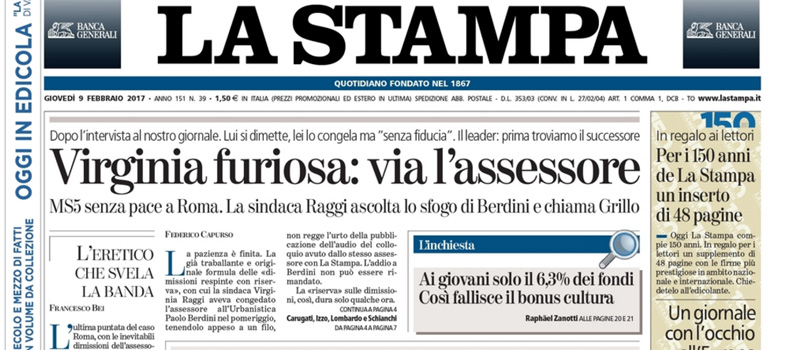 Le prime pagine dei giornali giovedì 9 febbraio 2017