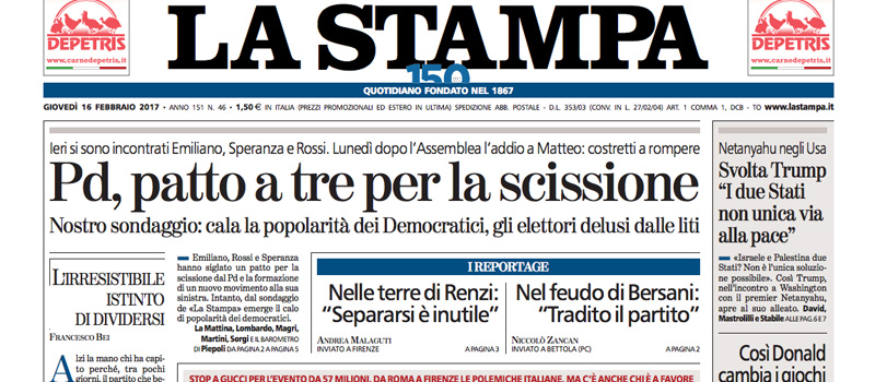 Le prime pagine dei giornali giovedì 16 febbraio 2017