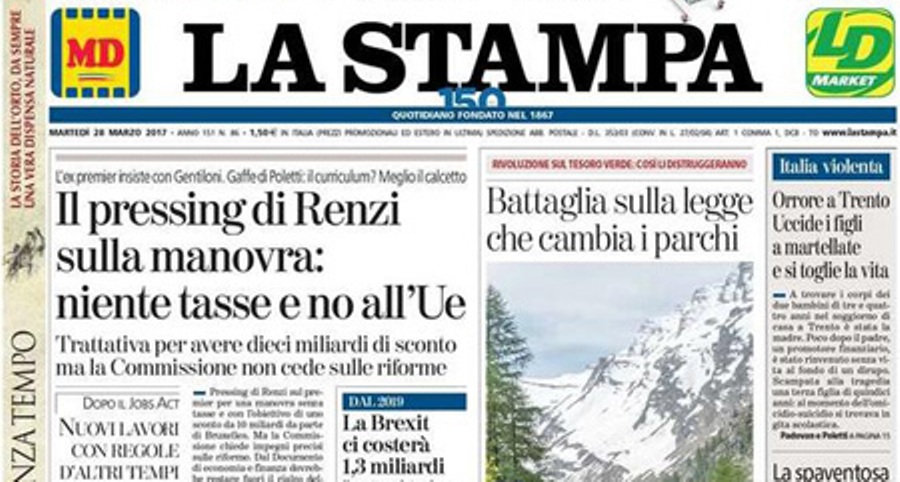 Le prime pagine dei giornali martedì 28 marzo 2017
