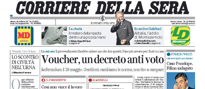 Le prime pagine dei giornali mercoledì 15 marzo 2017