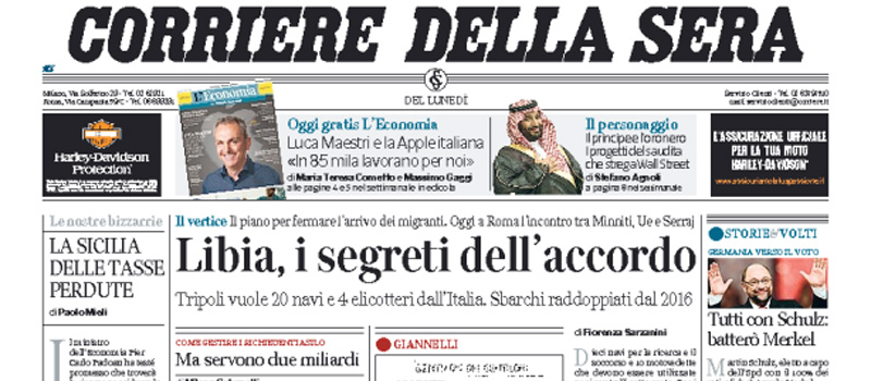 Le prime pagine dei giornali lunedì 20 marzo 2017