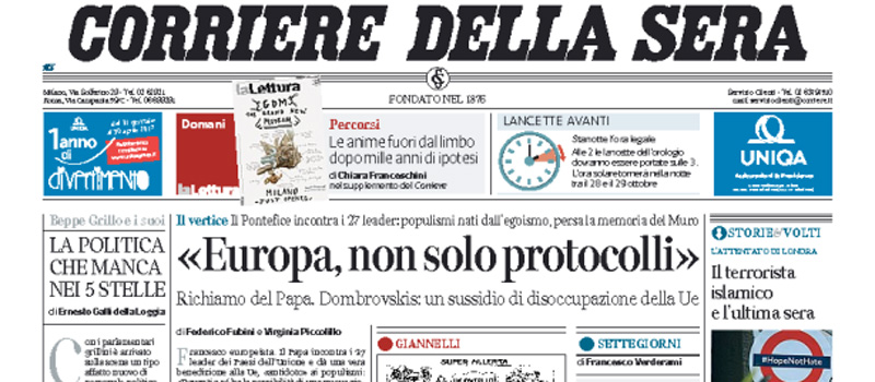 Le prime pagine dei giornali sabato 25 marzo 2017