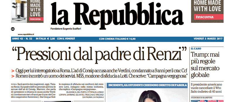 Le prime pagine dei giornali venerdì 3 marzo 2017