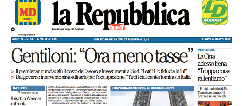Le prime pagine dei giornali lunedì 6 marzo 2017