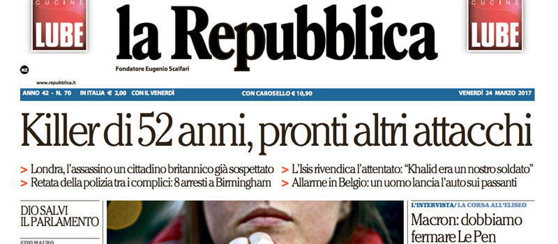 Le prime pagine dei giornali venerdì 24 marzo 2017