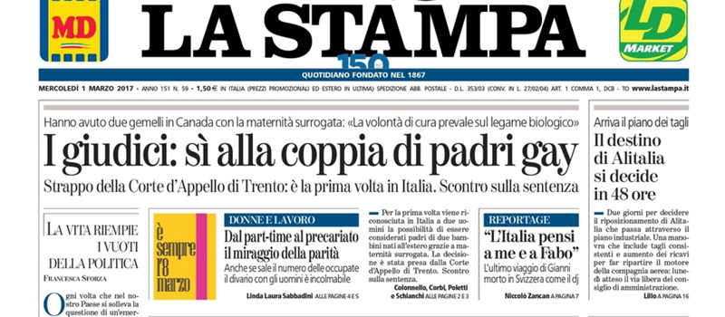 Le prime pagine dei giornali mercoledì 1 marzo 2017