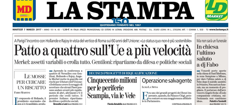 Le prime pagine dei giornali martedì 7 marzo 2017