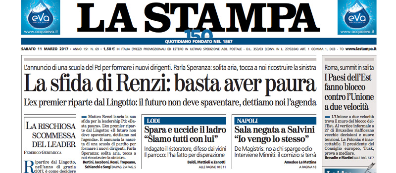 Le prime pagine dei giornali sabato 11 marzo 2017