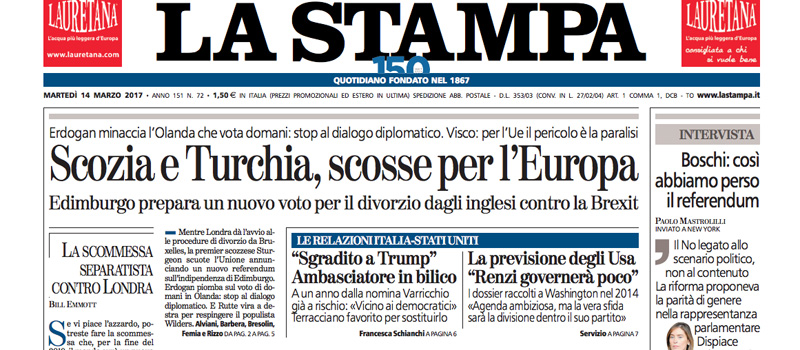 Le prime pagine dei giornali martedì 14 marzo 2017