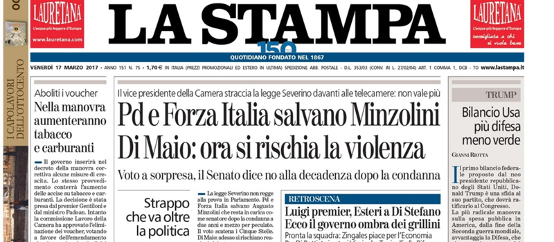Le prime pagine dei giornali Venerdì 17 marzo 2017