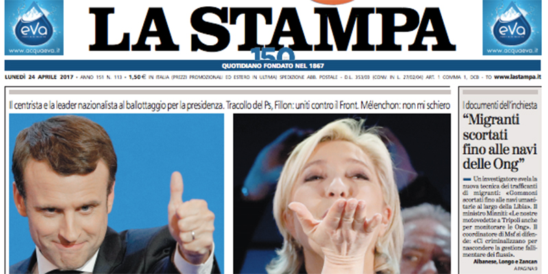 Le prime pagine dei giornali lunedì 24 aprile 2017