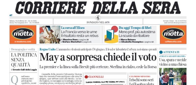 Le prime pagine dei giornali mercoledì 19 aprile 2017