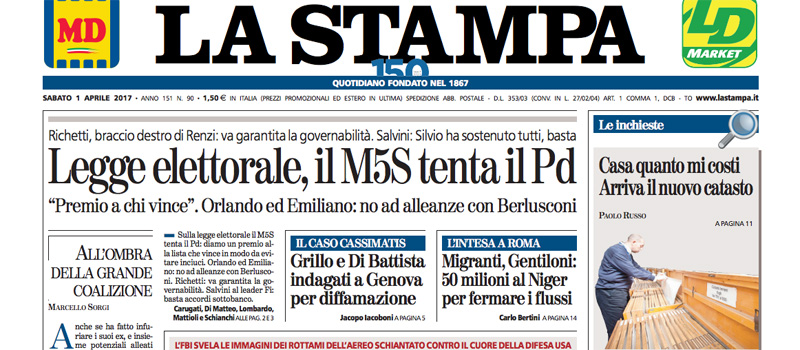 Le prime pagine dei giornali sabato 1 aprile 2017