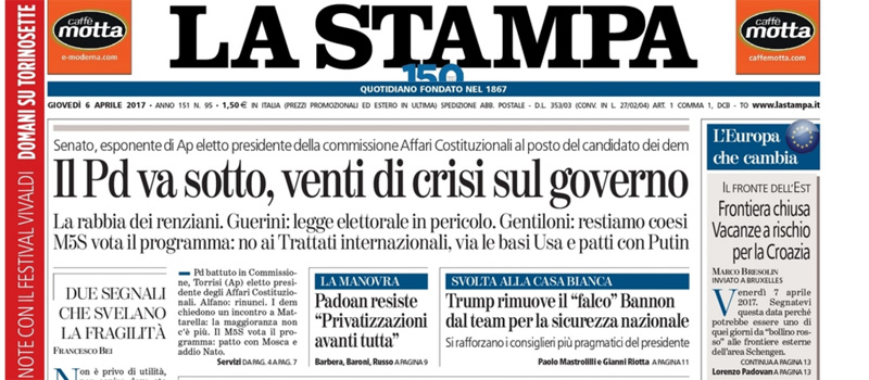 Le prime pagine dei giornali giovedì 6 aprile 2017