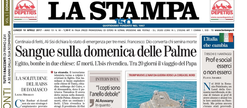 Le prime pagine dei giornali lunedì 10 aprile 2017