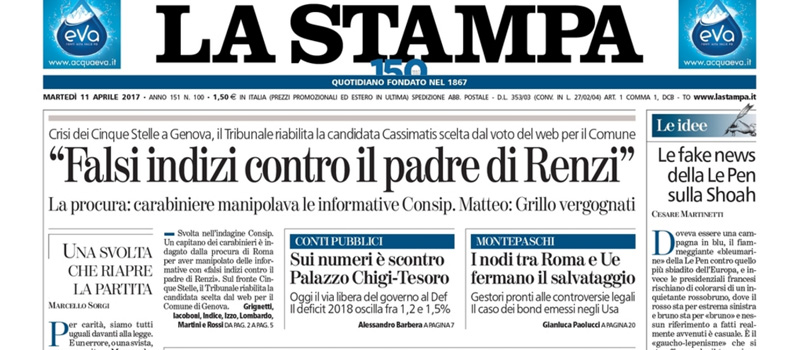 Le prime pagine dei giornali martedì 11 aprile 2017