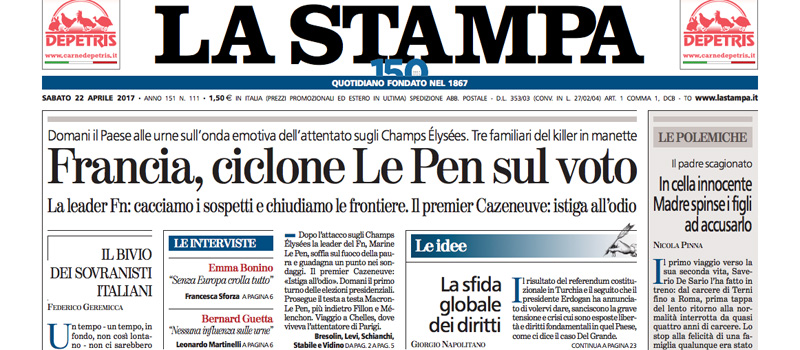 Le prime pagine dei giornali sabato 22 aprile 2017