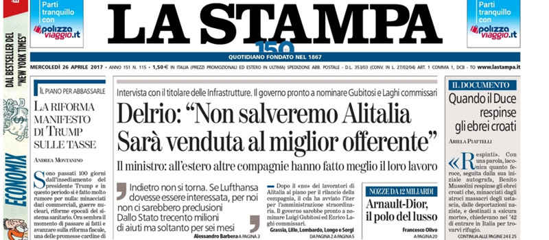 Le prime pagine dei giornali mercoledì 26 aprile 2017