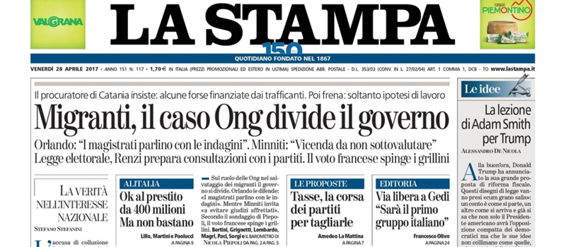 Le prime pagine dei giornali venerdì 28 aprile 2017