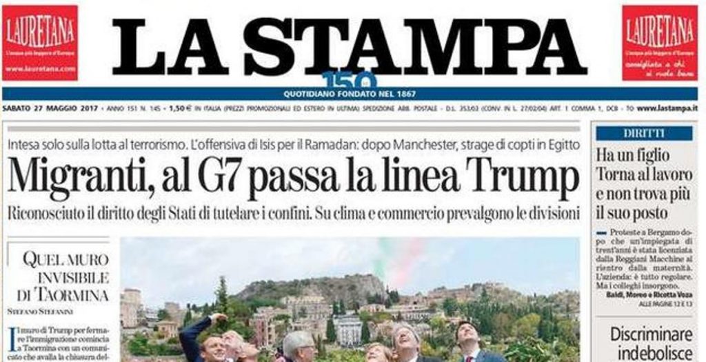 Le prime pagine dei giornali sabato 27 maggio 2017