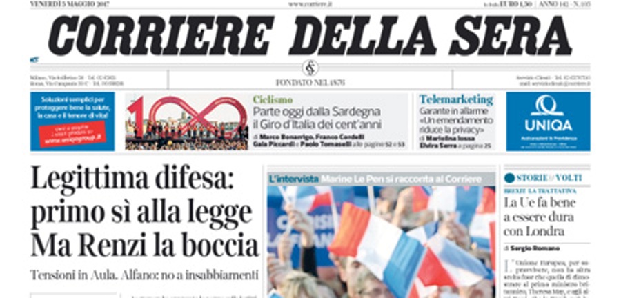 Le prime pagine dei giornali venerdì 5 maggio 2017