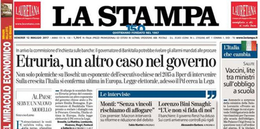 Le prime pagine dei giornali venerdì 12 maggio 2017