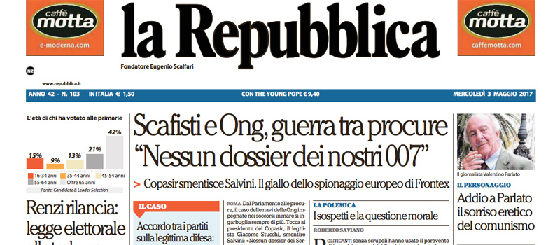 Le prime pagine dei giornali mercoledì 3 maggio 2017