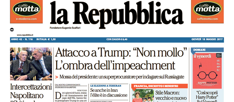 Le prime pagine dei giornali giovedì 18 maggio 2017